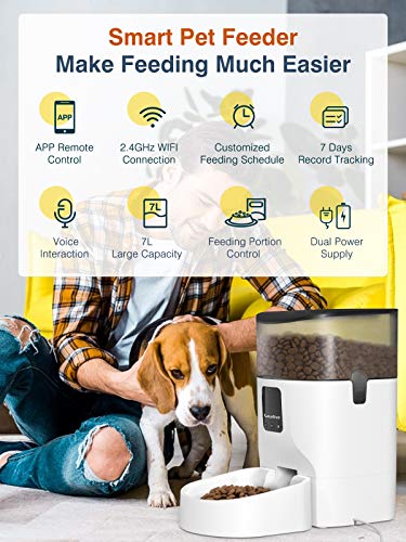 Lewondr Automatic Cat Feeder, 7L 2.4G WiFi Dog Feeder Pet Food Dispenser with 10s Voice Recorder, Timed Feeder with Locking Buckle Lid, 1-10 Meals and 0-12 Portion Daily for Small/Medium Pets,White