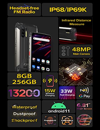 Rugged Smartphone, 13200mAh Large Battery, Ulefone Power Armor 13 8GB + 256GB Android 11 FHD+ 6.81", Octa-core 48MP Quad Camera, NFC OTG Wireless Reverse Charging, IP68 Waterproof Unlocked Cell Phone