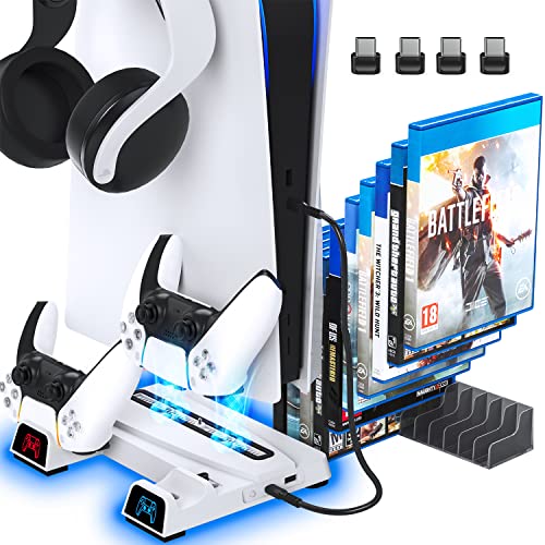 OIVO PS5 Cooling Station with Headset Holder for PS5 Disc & Digital Editions Consoles, PS5 Stand with Cooling Fan and Controller Charger, PS5 Accessories Vertical Stand with 10 Game Rack Organizer