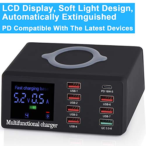 USB Charger, 100W 8-Port Desktop Charging Station Hub with Quick Charge QC 3.0 USB Port, with PD Fast Charger and LCD Display Wireless Charging Station