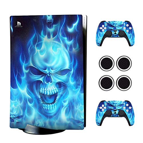 PS5 Skin Stickers Full Body Vinyl Skins Wrap Decals Cover for Playstation 5 Console and 2 Controllers with 4 Pcs Thump Grip Caps (PS5 CD Version, Blue Skull)