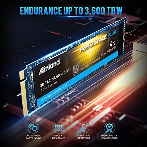 INLAND Performance Plus 4TB PS5 SSD PCIe NVMe 4.0 x 4 M.2 2280 TLC 3D NAND Internal Solid State Drive, R/W Speed up to 7200MB/s and 6800MB/s, 3000 TBW