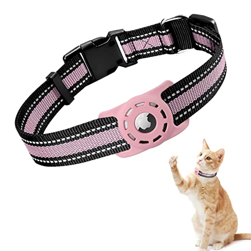 MOOGROU Reflective Airtag Cat Collar,Premium Soft Silicone Airtag Holder with Breathable Nylon Pet Collar for Apple Airtag Tracker,Lightweight Airtag Case with Dog Collar Pet Loop Pink XS