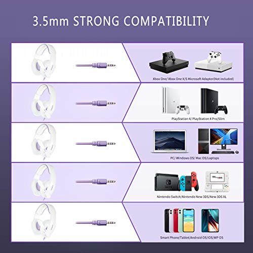 3.5mm PS4 Headset PC Gaming Headsets for New Xbox One - SUPSOO White Purple Wire Over Ear Headphone with Mic, Volume Control & Surround Sound for PS5, Laptop, Nintendo Switch, Phone, Tablet