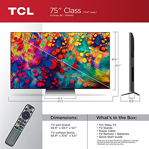 TCL 75-inch Class 6-Series 8K Mini-LED UHD QLED Dolby Vision HDR Smart Roku TV - 75R648, 2021 model