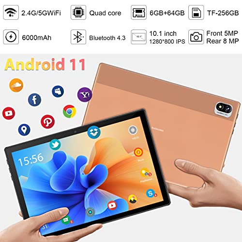 Android Tablet 10 Inch, Android 11.0 Tablet, Quad-Core 1.8GHz Processor, 6GB RAM+64GB ROM, 256GB Expand Support, Long Battery Life, Dual Camera, 2.4G/5G WiFi, 1080P HD IPS Display