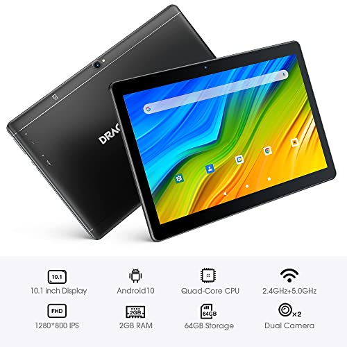 Upgraded Dragon Touch Notepad K10 Tablet, 64GB Storage with Micro HDMI Port, Android 10 Tablet, Quad-Core Processor, 10.1 inch IPS HD Display, GPS, 5G Wi-Fi, Metal Body Black