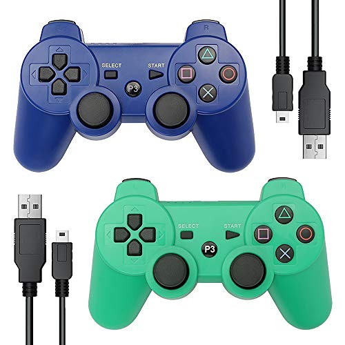 Autker PS3 Controller Wireless Game Controller with Double Vibration & 2 Charging Cable 2 Pack Gamepad Compatible with Playstation 3 (Blue+Green)