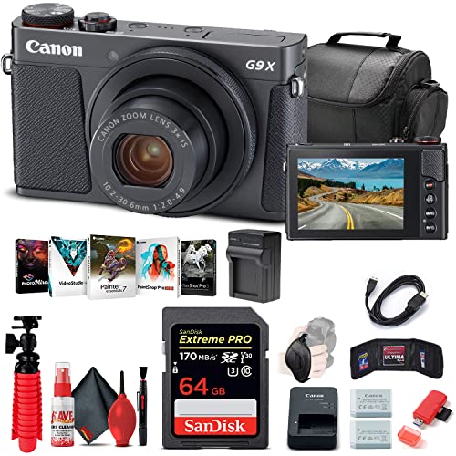 Canon PowerShot G9 X Mark II Digital Camera (Black) (1717C001), 64GB Memory Card, NB13L Battery, Corel Photo Software, Charger, Card Reader, Soft Bag, Flex Tripod + More