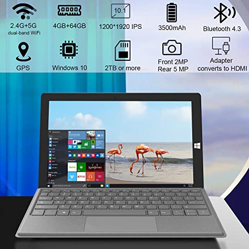 Tablet 10 Inch Windows 10 Tablets with Keyboard Mouse 4GB DDR 64GB Storage 1200X1920 IPS FHD Screen, Dual Camera 3500mA HDMI, BT GPS, 2 in 1 Tablet PC Mini Computer Portable Laptop (Gray)