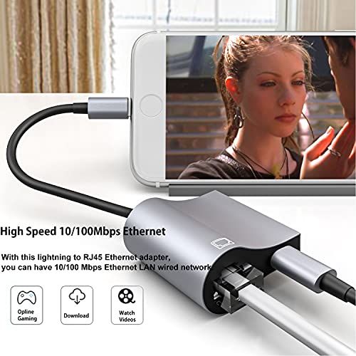 Lightning to Ethernet Adapter, [Apple MFi Certified] 2 in 1 RJ45 Ethernet LAN Network Adapter with Charge Port Compatible with iPhone/iPad/iPod, Plug and Play, Supports 100Mbps Ethernet Network