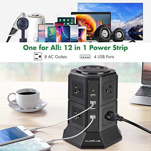 Power Strip Tower Surge Protector with USB, AUOPLUS Desktop Charging Station, 6.6 Ft Extension Cord, 8 Outlets with 4 USB Ports[1050J/1250W/10A], Overload Protection for Home Office Dorm