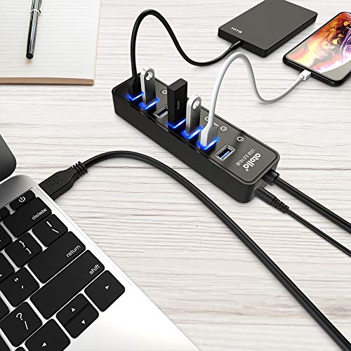 Powered USB Hub 3.0, Atolla 7-Port USB Data Hub Splitter with One Smart Charging Port and Individual On/Off Switches and 5V/4A Power Adapter USB Extension for MacBook, Mac Pro/Mini and More.