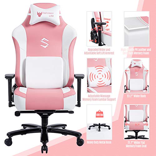 FANTASYLAB Big and Tall 400lb Massage Memory Foam Gaming Chair Adjustable Tilt, Back Angle and 3D Arms High-Back Leather Racing Executive Computer Desk Office Chair, Metal Base (Pink)