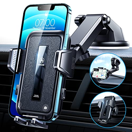 [2022 Newest] VANMASS Car Phone Holder Mount [Upgraded Super Suction] Dashboard Phone Holder, Cell Phone Holder Car Dash Windshield Air Vent Stand for iPhone 13 12 Pro Max Samsung Truck, Black