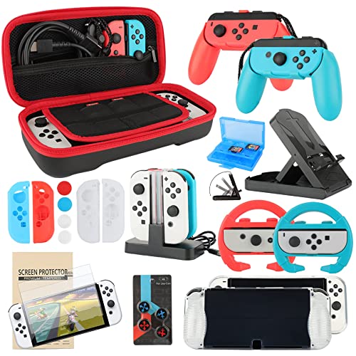 Accessories Bundle for Nintendo Switch OLED Model(2021): Super Kit with Carrying Case, Screen Protector, Steering Wheels, Joycon Grips, Charging Dock, Playstand, Protective case and More (23 in 1)