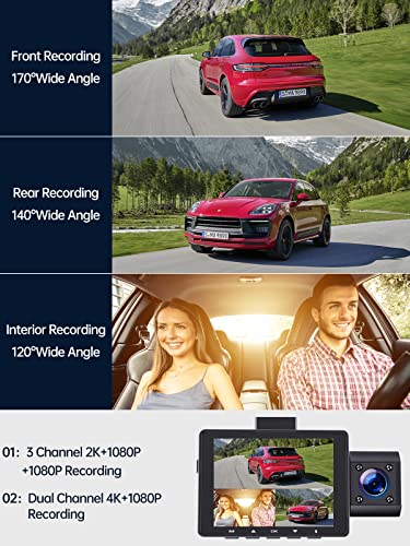 Cambase 3 Channel Dash Cam 1440P+1080P+1080P, Dash Cam Front and Inside 4K+1080P, Capacitor Three Way Car Camera,170° Wide Angle Camera with G- Sensor, Cabin IR Night Vision, Parking Mode