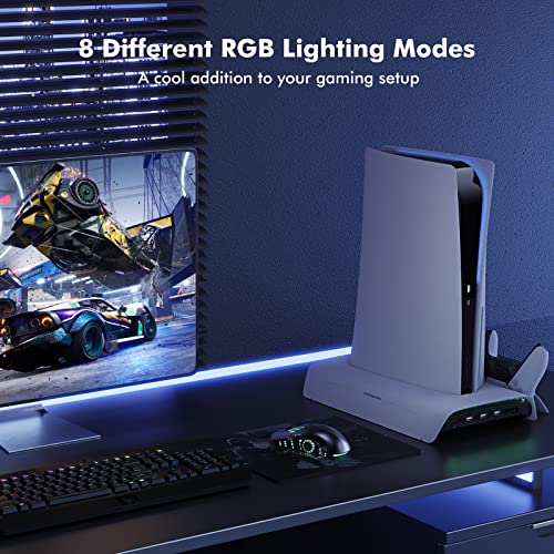 PS5 Cooling Station with RGB, KIWIHOME PS5 Vertical Stand with Suction Cooling Fan and Auto-Speed, PS5 Accessories for PS5 Console with Dual Controller Charging Station, 3 USB Hubs, 10 Games Storage