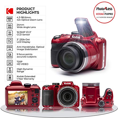 PHOTO4LESS Kodak PIXPRO AZ421 Digital Camera (Red) + Point & Shoot Camera Case + Transcend 32GB SD Memory Card + Extra Battery & Charger + USB Card Reader + Table Tripod + Accessories