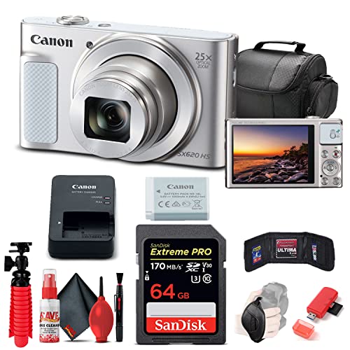 Canon PowerShot SX620 HS Digital Camera (Silver) (1074C001), 64GB Card, Card Reader, Soft Bag, Flex Tripod, Hand Strap, Memory Card Holder, Cleaning Kit (International Model)