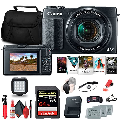 Canon PowerShot G1 X Mark II Digital Camera (9167B001), 64GB Memory Card, 2 x NB13L Battery, Charger, Card Reader, LED Light, Corel Photo Software, HDMI Cable, Case, Flex Tripod + More