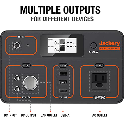 Jackery Portable Power Station Explorer 500, 518Wh Outdoor Solar Generator Mobile Lithium Battery Pack with 110V/500W AC Outlet (Solar Panel Optional) for Road Trip Camping, Outdoor Adventure