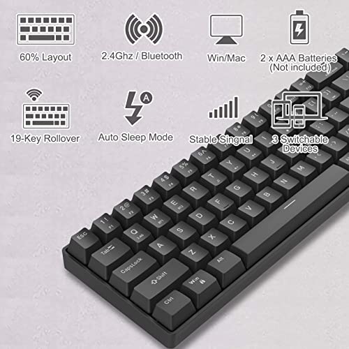 NPET K63 2.4G Wireless/Bluetooth 60% Mechanical Keyboard, Compact 68 Keys Red Switch Gaming Keyboard, for PC, Laptop, Cell Phone