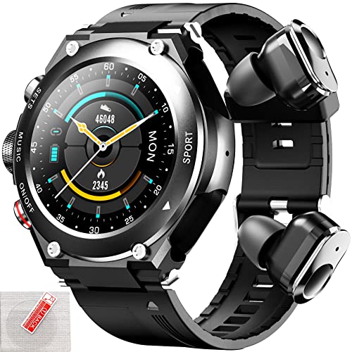 2 PC Guiqu Smart Watch with 6D Stereo Bluetooth Earbuds, 1.3 in Touch HD Screen, IP67 Waterproof Pedometer, Call Receive, 15 Days Battery Life, GPS Sports Watch for Android Phones and iOS Compatible