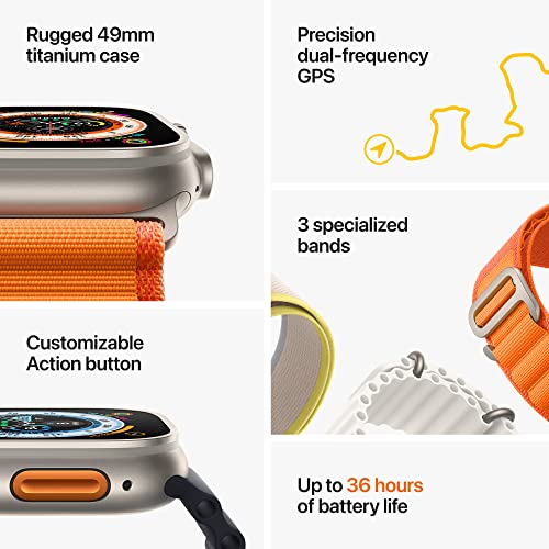 Apple Watch Ultra [GPS + Cellular 49mm] Smart Watch w/Rugged Titanium Case & Orange Alpine Loop Medium. Fitness Tracker, Precision GPS, Action Button, Extra-Long Battery Life, Brighter Retina Display