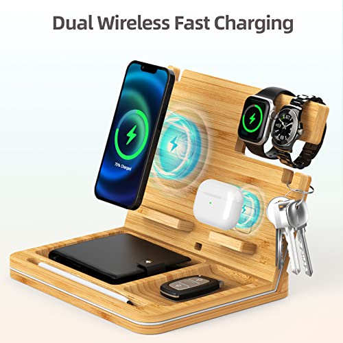 Bamboo Phone Docking Station, OTESS 6 in 1 Wireless Charging Station Compatible with iPhone/AirPods, Nightstand Organizer With Key Holder, Wallet Stand & Watch Organizer, Best Gift For Men/Dad/Husband