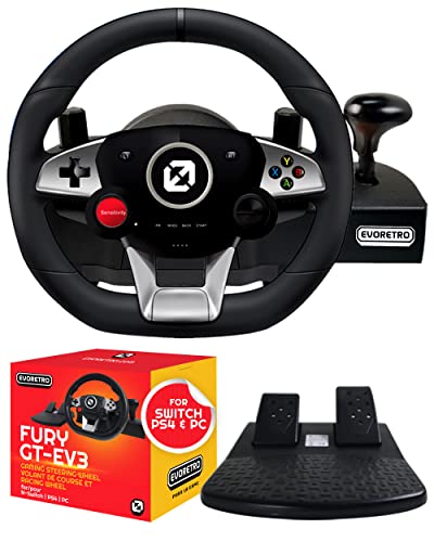 FURY GT-EV3 Racing Wheel and Pedals for PC, PS4, and Nintendo Switch Games - Gaming Steering Wheel with High Vibration Feedback, Adjustable Clamp and FREE Sack Bag by EVORETRO