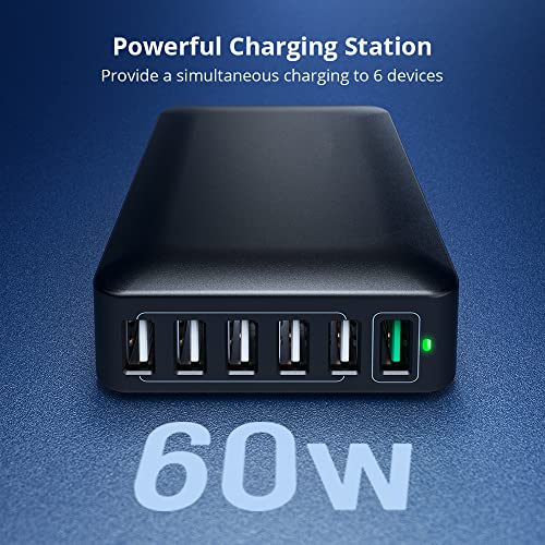 60W USB Charger QC 3.0 6-Port USB Charging Station Fast Desktop USB Charging Hub with Multi Port Compatible with iPhone 13 Pro Max Mini 12 Pro Max 11 X SE iPad Pro Air Galaxy S21 Note Tablet Black