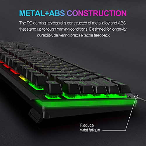 NPET K510 Gaming Keyboard, Wired LED Backlit Computer Keyboard with Ergonomic Wrist Rest, 12 Multimedia Keys & 19 Keys Anti-ghosting USB Full Size Rainbow Keyboard for Laptop/Desktop/PC