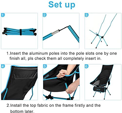 G4Free Lightweight Portable Camping Chair Outdoor Folding Backpacking High Back Camp Lounge Chairs with Headrest and Pocket for Sports Picnic Beach Hiking Fishing (Blue)