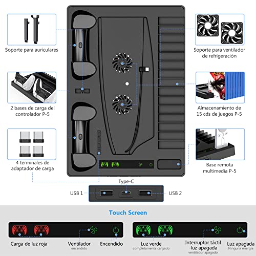 Vertical Stand with Cooling Fan, BSOON PS5 Accessories for PS5 Games & Playstation 5 Console, Built-in Headset Holder, Dual Controller Chargers, 15 Game Disc Slots and 1 Media Remote Organizer