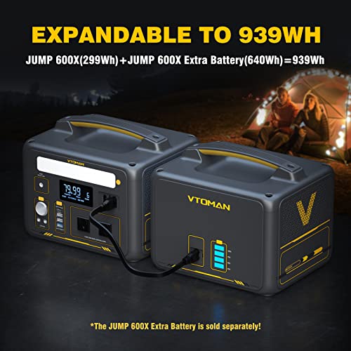 VTOMAN Jump 600X Portable Power Station 600W, 299Wh LiFePO4 Battery Powered Generator with Expandable Capacity, 2x Pure Sine Wave 600W (Surge 1200W) AC Outlets, PD 60W USB-C, 3x Regulated 12V/10A DC