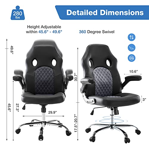 JHK Gaming Chair Ergonomic Office Chair, PU Leather Gamer Chair with Padded Flip-up Armrests and Lumbar Support, Height Adjustable Computer Desk Chair PC Gaming Chair for Adults Teens, Grey