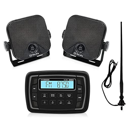 Herdio Waterproof Marine Radio Set,Car AM/FM Radio Stereo Receiver + 4 Inches Marine Seakers+Marine Antenna, for Golf Cart UTV ATV Motorcycle Boat Heavyduty Powersports Car Vehicles