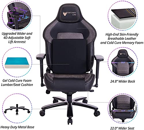 FANTASYLAB Big and Tall Gaming Chair 440lb Metal Base Memory Foam Lumbar Seat Cushion 4D Adjustable Arms Swivels & Reclines Ergonomic High-Back Racing Computer Gaming Chair