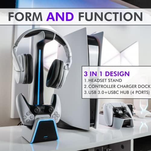 Tilted Nation 3 in 1 Headset and Controller Stand with Easy Charging - Designed for Playstation or PC - PS4 / PS5 Controller Holder with Charger - Perfect Headphone and Game Controller Holder for Desk