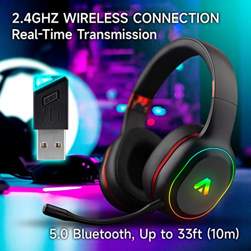 Wireless Gaming Headset for PS4 PS5 PC Nintendo Switch, 2.4GHz Bluetooth Gaming Headphones with Detachable Noise Canceling Microphone Black