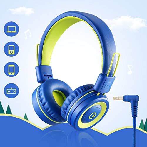 Kids Headphones with Microphone noot products K12 Stereo 5ft Long Cord with 85dB/94dB Volume Limit Wired On-Ear Headset for iPad/Amazon Kindle,Fire/Toddler/Boys/Girls/School/Travel/Plane(Blue/Lime)