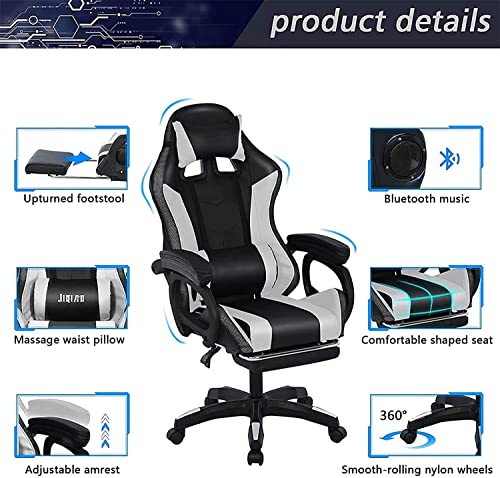 TBQATNTS Gaming Chair with Speakers,Led Gaming Chair,Ergonomic Pro Gaming Chair with Full Massage Lumbar Support Bluetooth Speakers Backrest Adjustable/Gaming Chairs for Adults,White