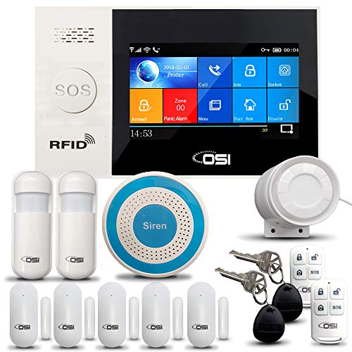 【OSI Wireless WiFi Smart Home Security DIY Alarm SYSTEM-14 Piece】 DIY Home Wi-Fi Alarm Kit with Motion Detector,Notifications with app,Door/Window Sensor, Siren,Compatible with Alexa,NO Monthly Fees
