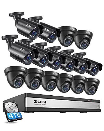 ZOSI 16CH 1080P Security Camera System Outdoor with 4TB Hard Drive 16Channel 1080P CCTV Recorder and 16pcs HD 1920TVL Outdoor Home Security Surveillance Cameras Night Vision Remote Access Motion Alert
