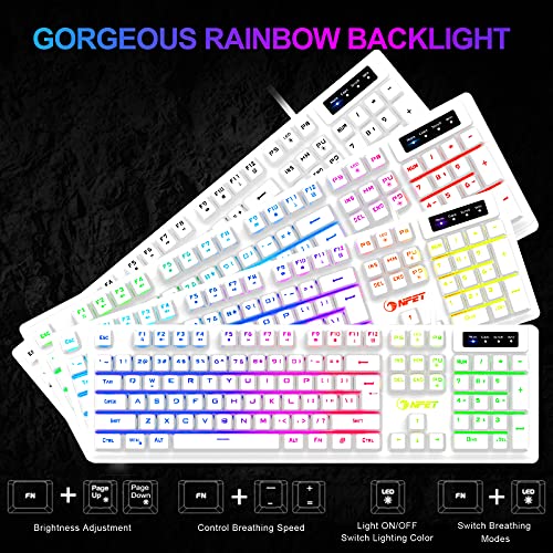 NPET K10 Gaming Keyboard, RGB Backlit, Spill-Resistant Design, Multimedia Keys, Quiet Silent USB Membrane Keyboard for Desktop, Computer, PC (White)