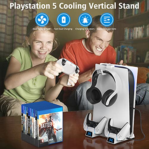 OIVO PS5 Cooling Station with Headset Holder for PS5 Disc & Digital Editions Consoles, PS5 Stand with Cooling Fan and Controller Charger, PS5 Accessories Vertical Stand with 10 Game Rack Organizer