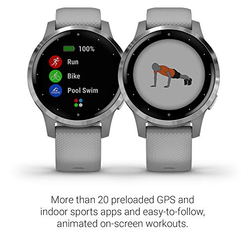 Garmin vivoactive 4S, Smaller-Sized GPS Smartwatch, Features Music, Body Energy Monitoring, Animated Workouts, Pulse Ox Sensors and More, Silver with Gray Band