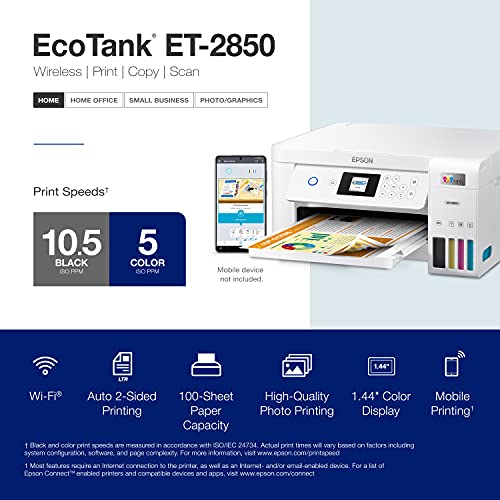 Epson EcoTank ET-2850 Wireless Color All-in-One Cartridge-Free Supertank Printer with Scan, Copy and Auto 2-Sided Printing – The Perfect Family Printer - White