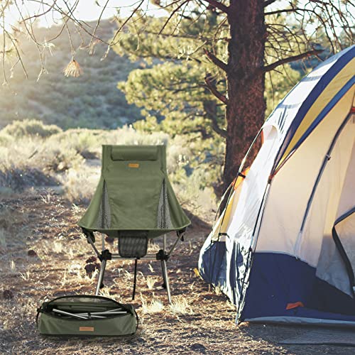 Matekxy High Back Camping Chair Lightweight Portable Folding Chair with Pillow, Side Pocket, Carry Bag for Outdoor Camping Fishing Backpacking Lawn & Beach (Army Green)